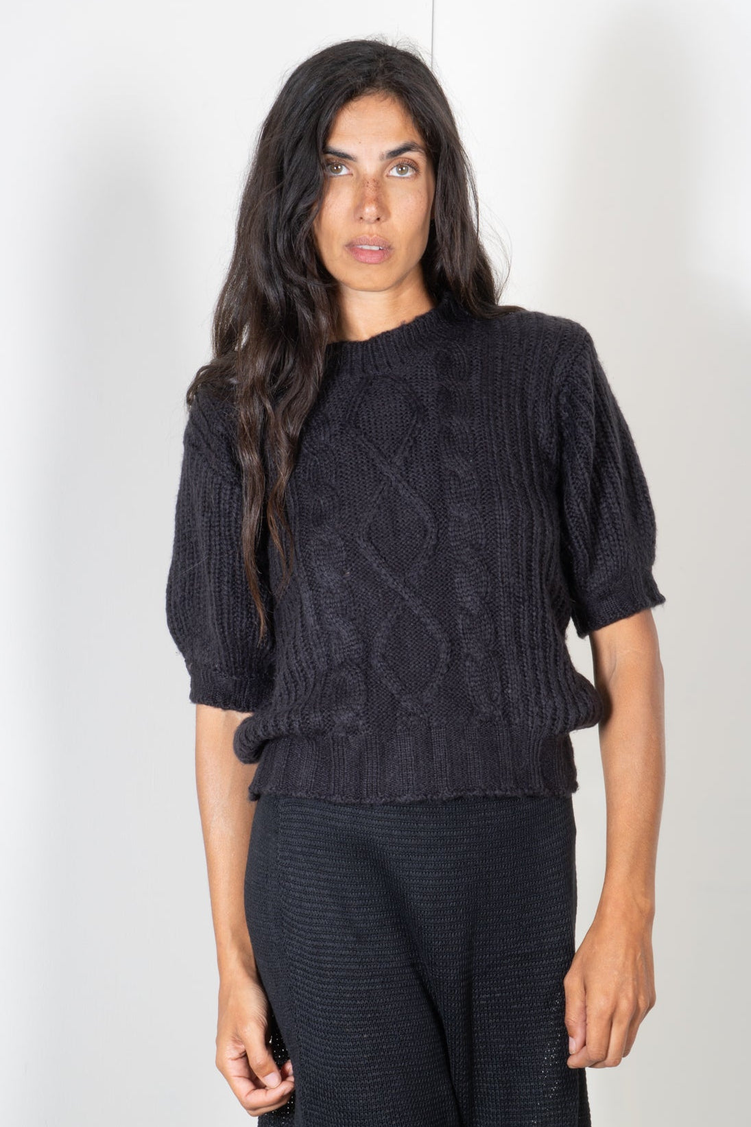 Short Bell Sleeve Cable Knit Shirt in Mohair