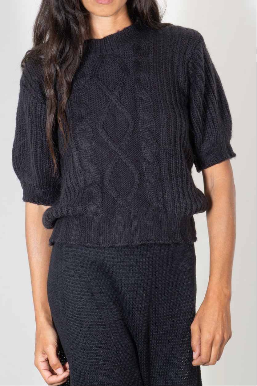 Short Bell Sleeve Cable Knit Shirt in Mohair