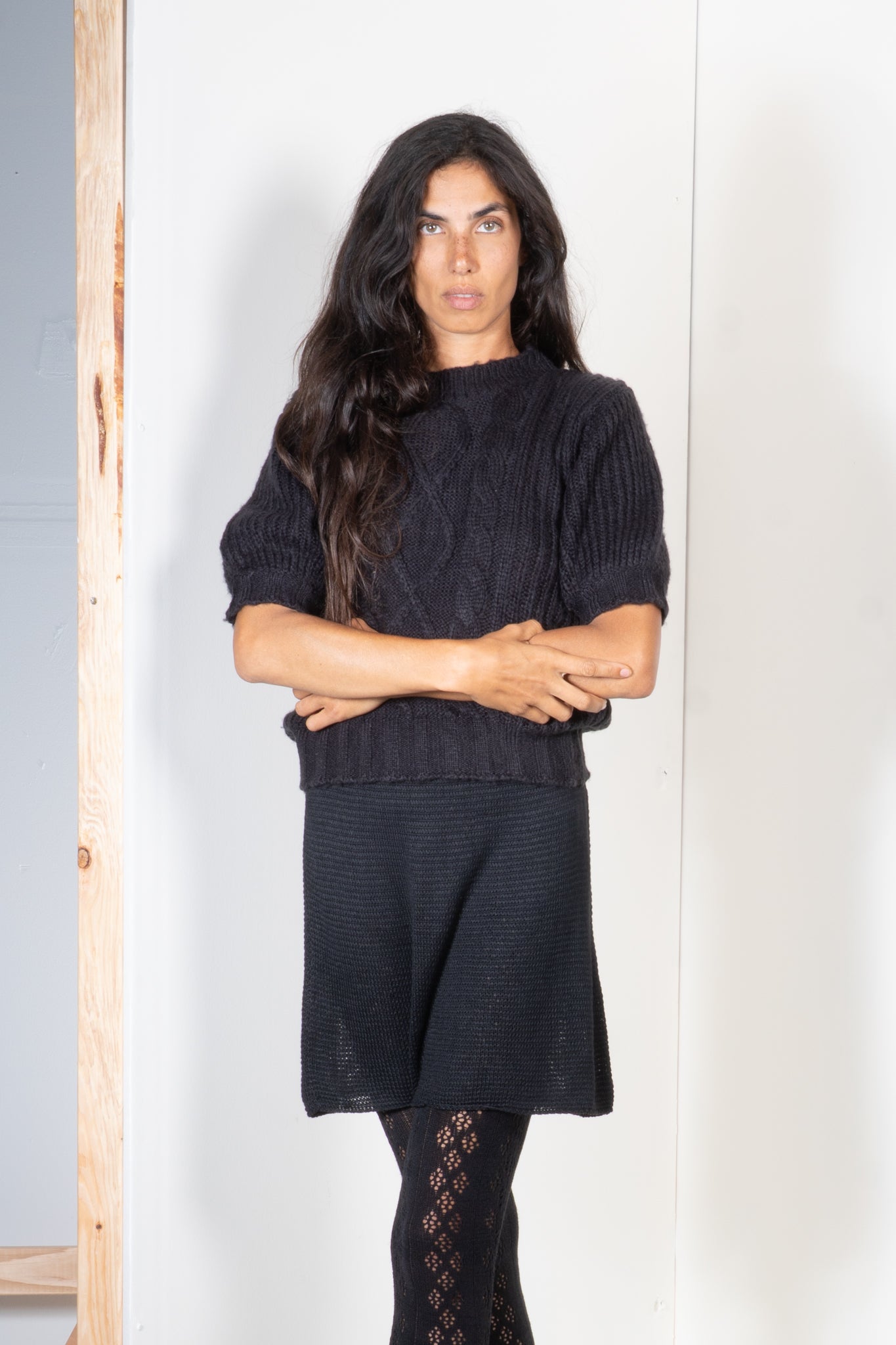 Short Bell Sleeve Cable Knit Shirt in Mohair