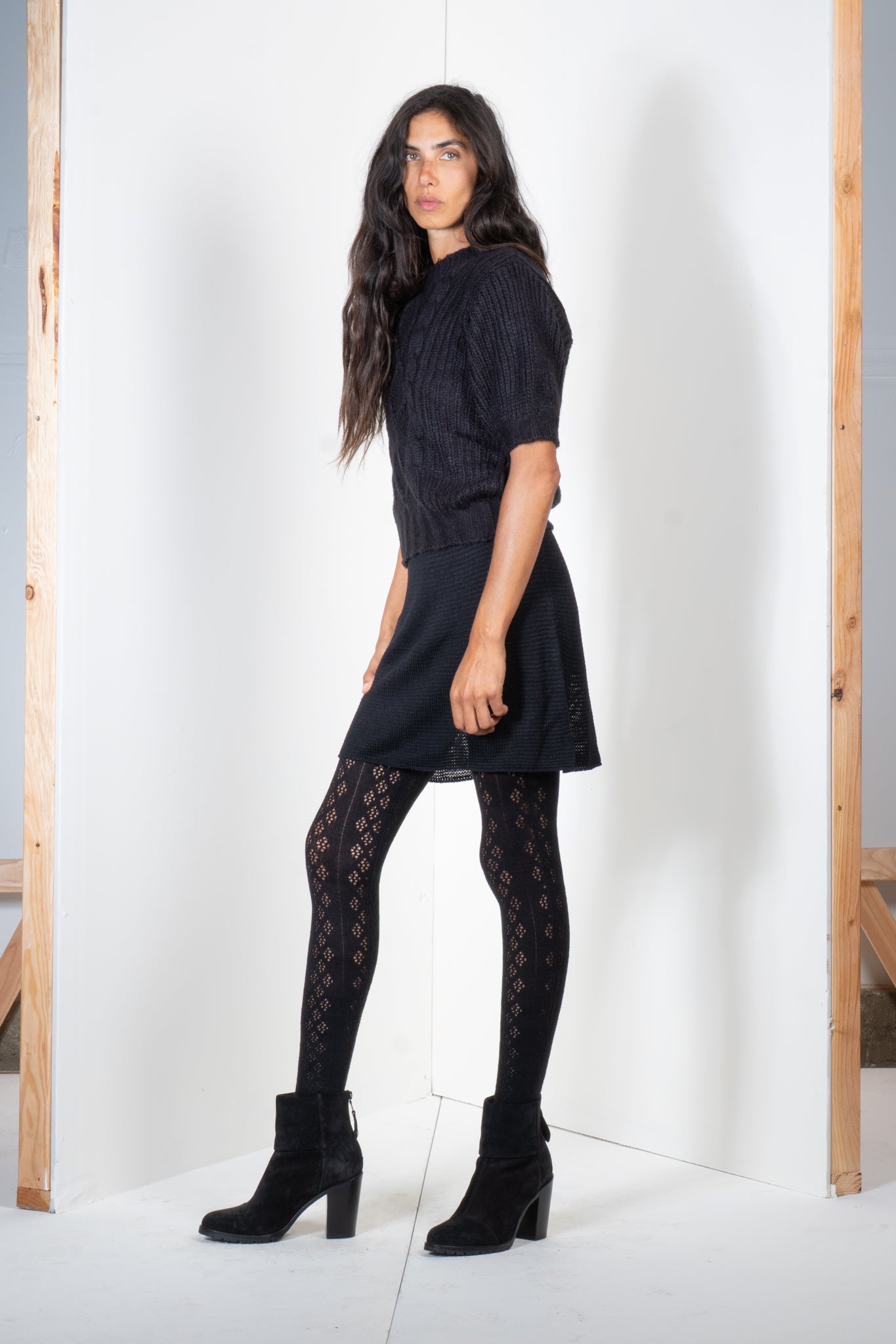 Short Bell Sleeve Cable Knit Shirt in Mohair