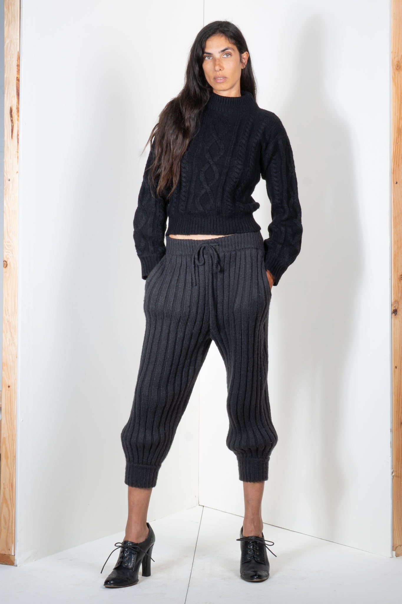 Ribbed Sweater Jogger Pants in Black