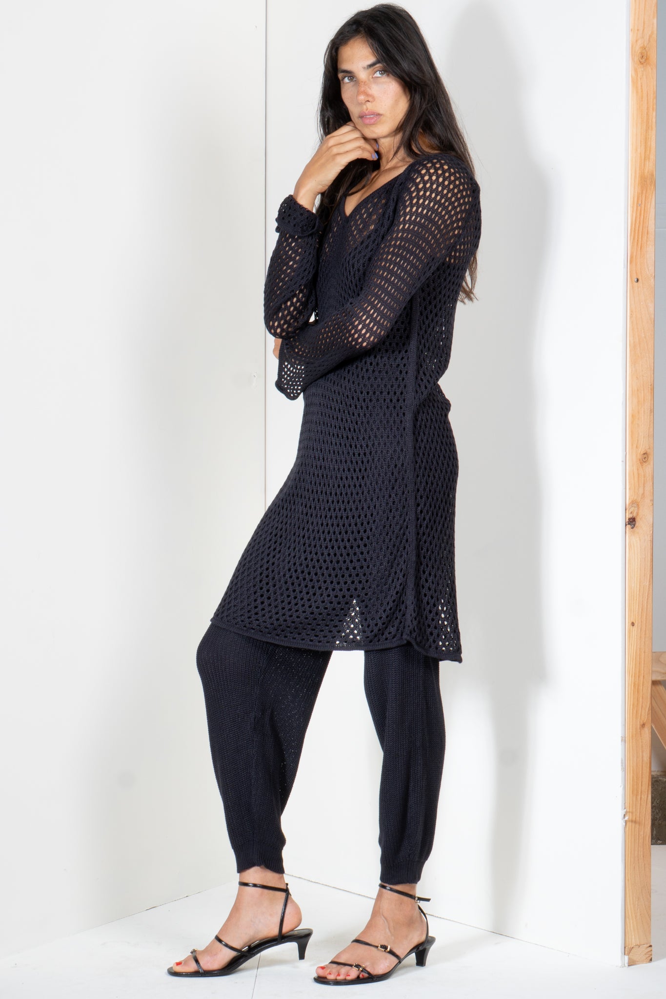 V Neck Shirt Dress in Eyelet Motif