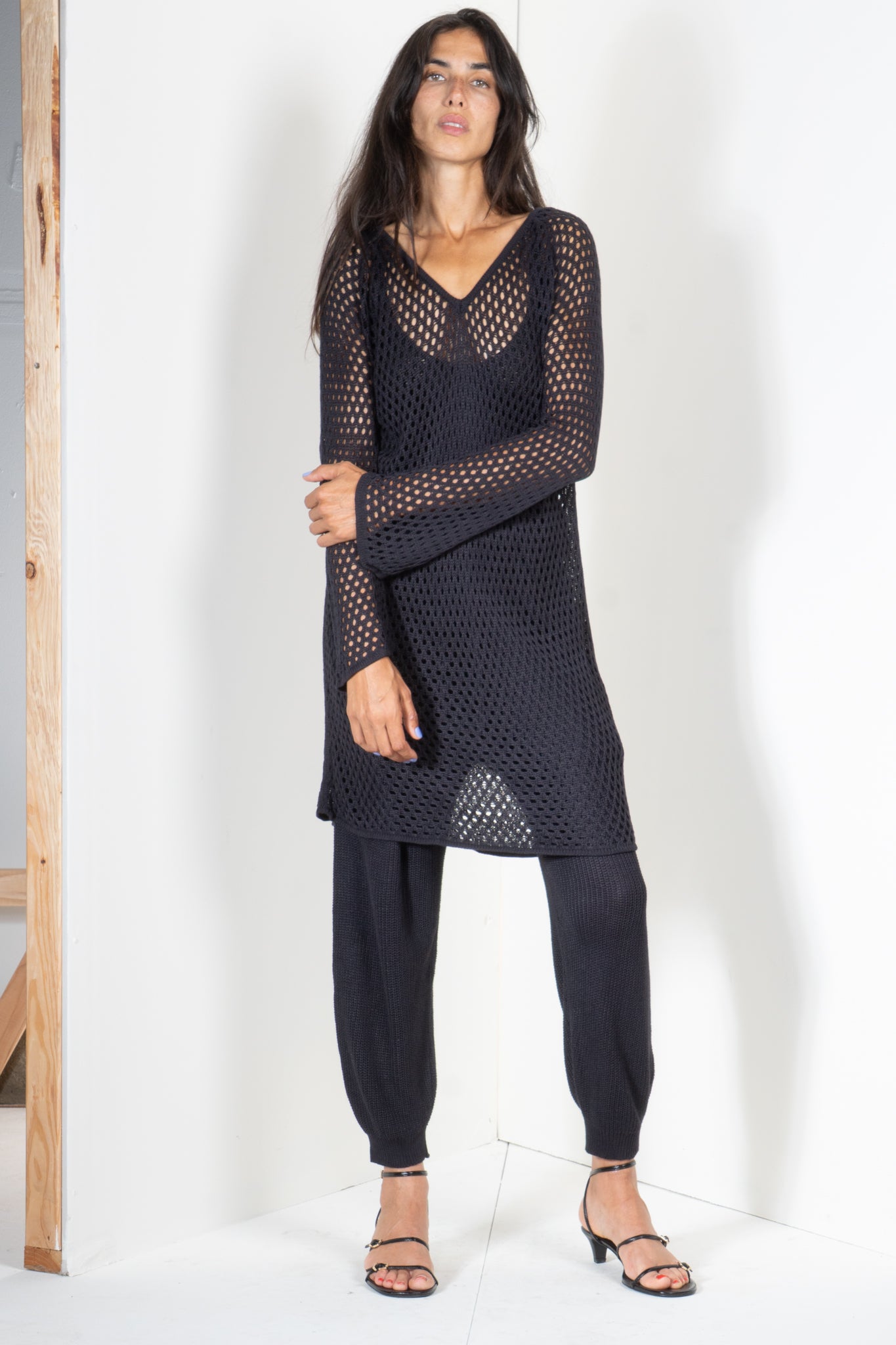 V Neck Shirt Dress in Eyelet Motif