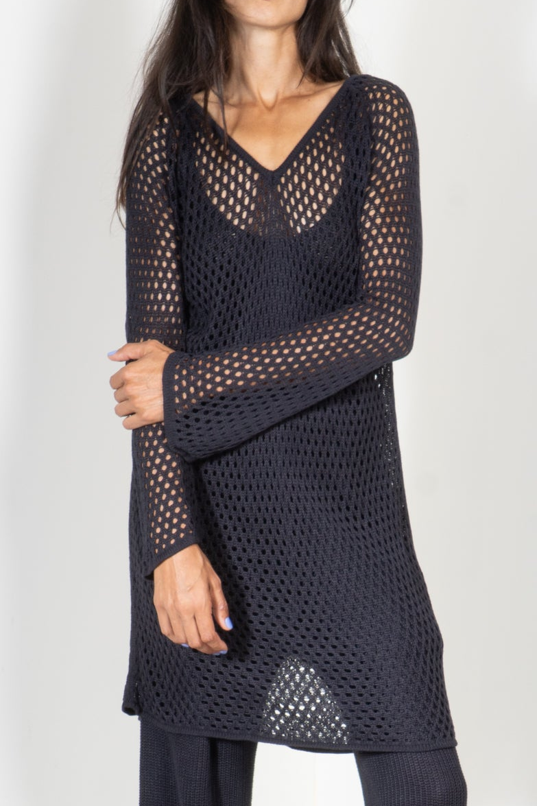 V Neck Shirt Dress in Eyelet Motif