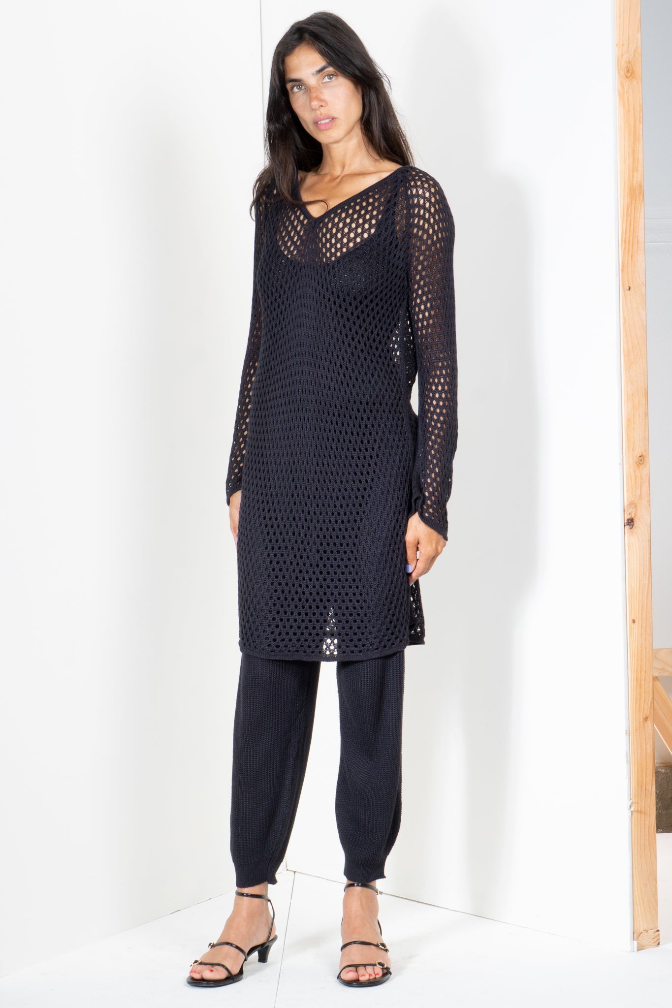 V Neck Shirt Dress in Eyelet Motif