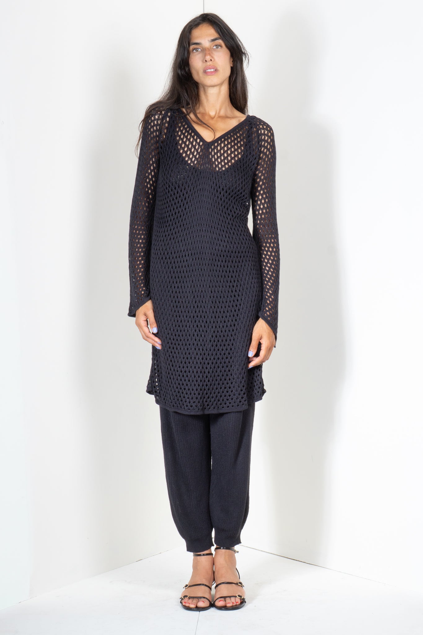 V Neck Shirt Dress in Eyelet Motif