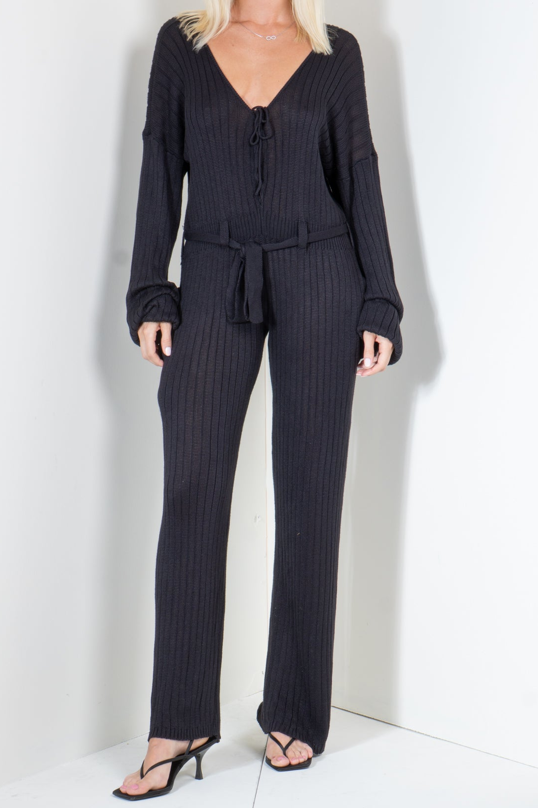 Jumpsuit with Long Sleeves and Laced Neck