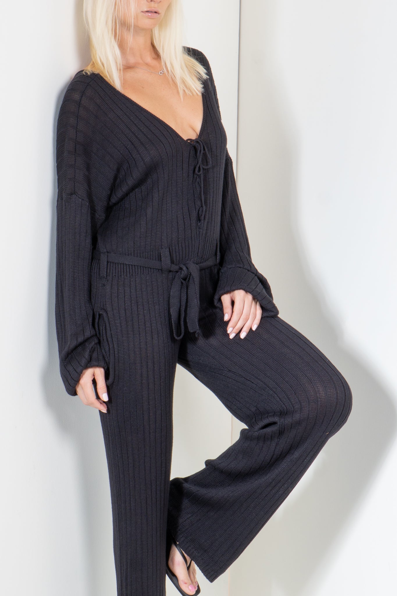 Jumpsuit with Long Sleeves and Laced Neck