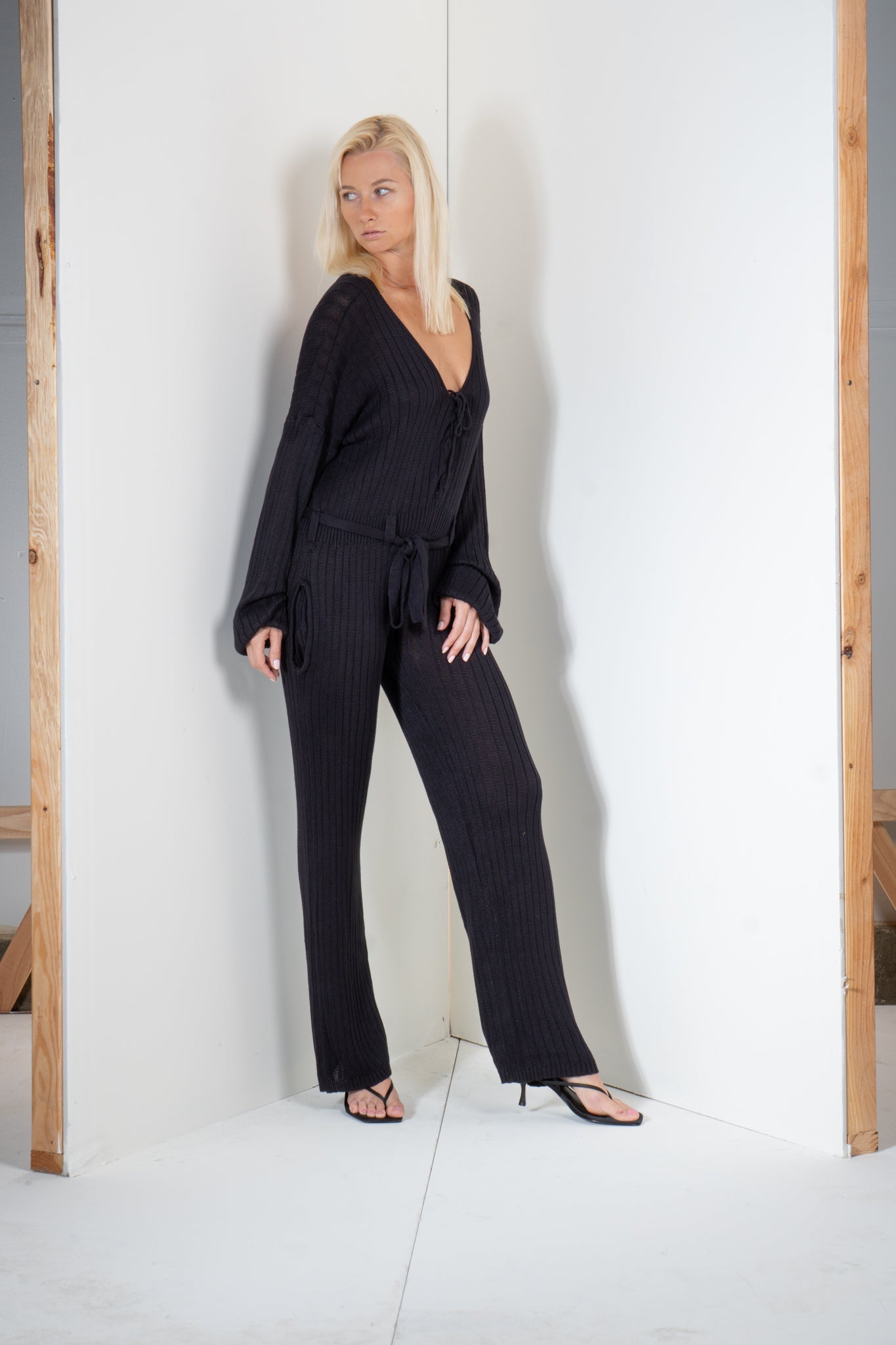 Jumpsuit with Long Sleeves and Laced Neck