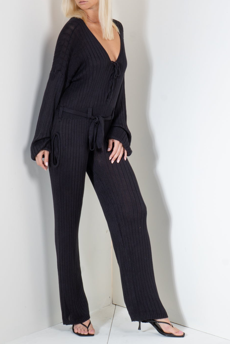 Jumpsuit with Long Sleeves and Laced Neck