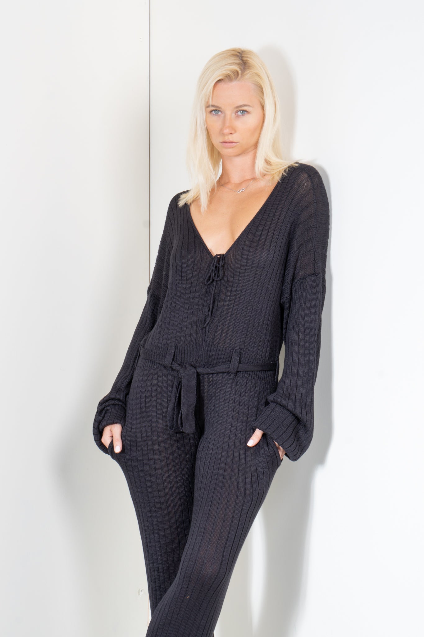 Jumpsuit with Long Sleeves and Laced Neck