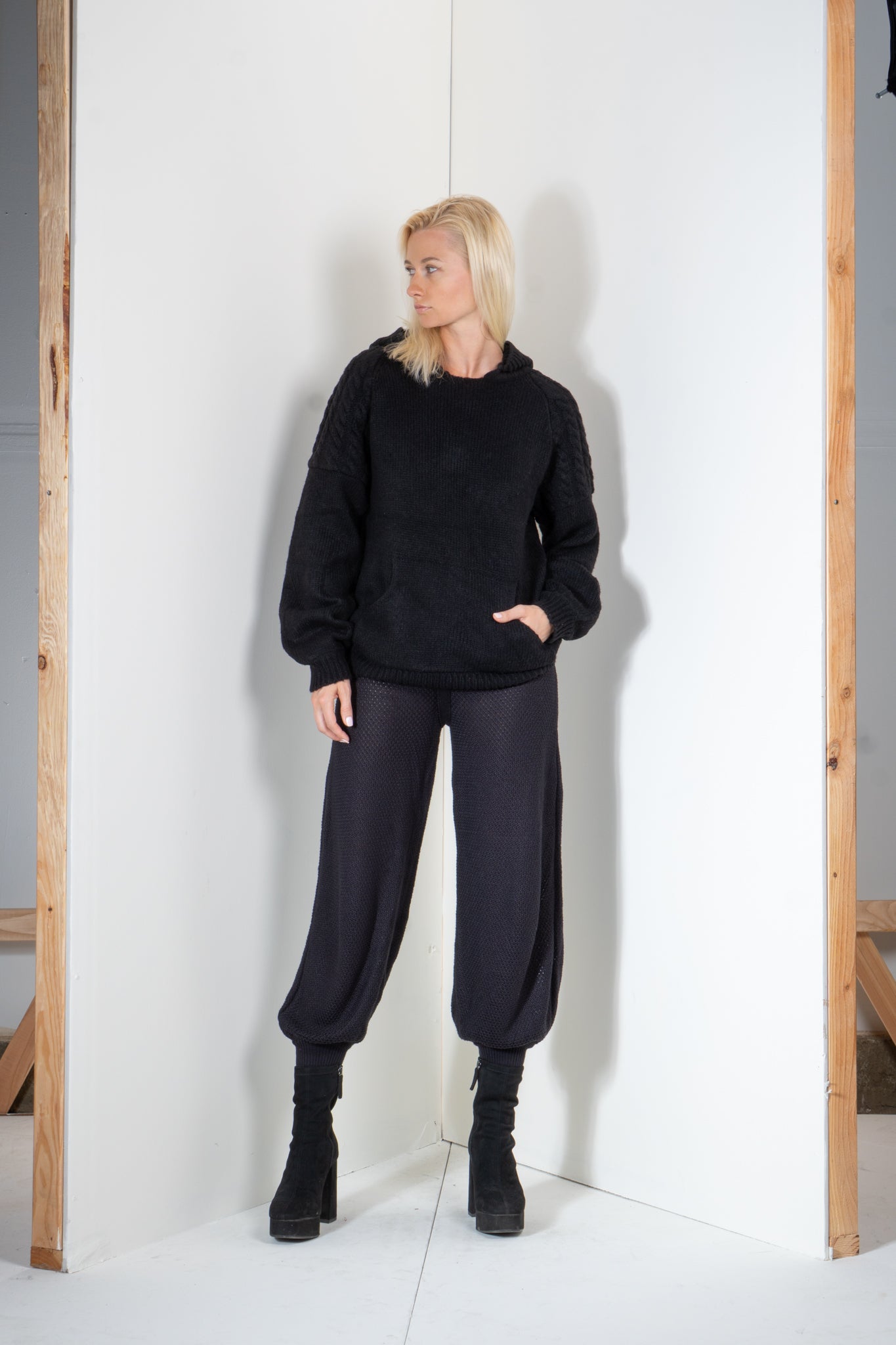 Pull Over Hoodie with Cable Applique Shoulders and Hood