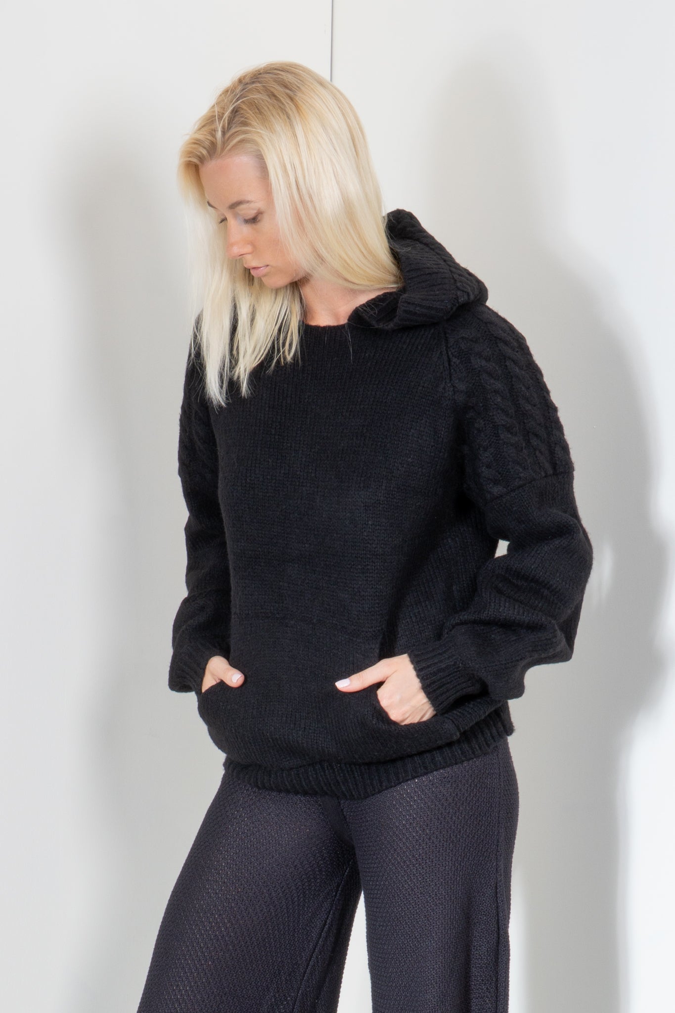 Pull Over Hoodie with Cable Applique Shoulders and Hood