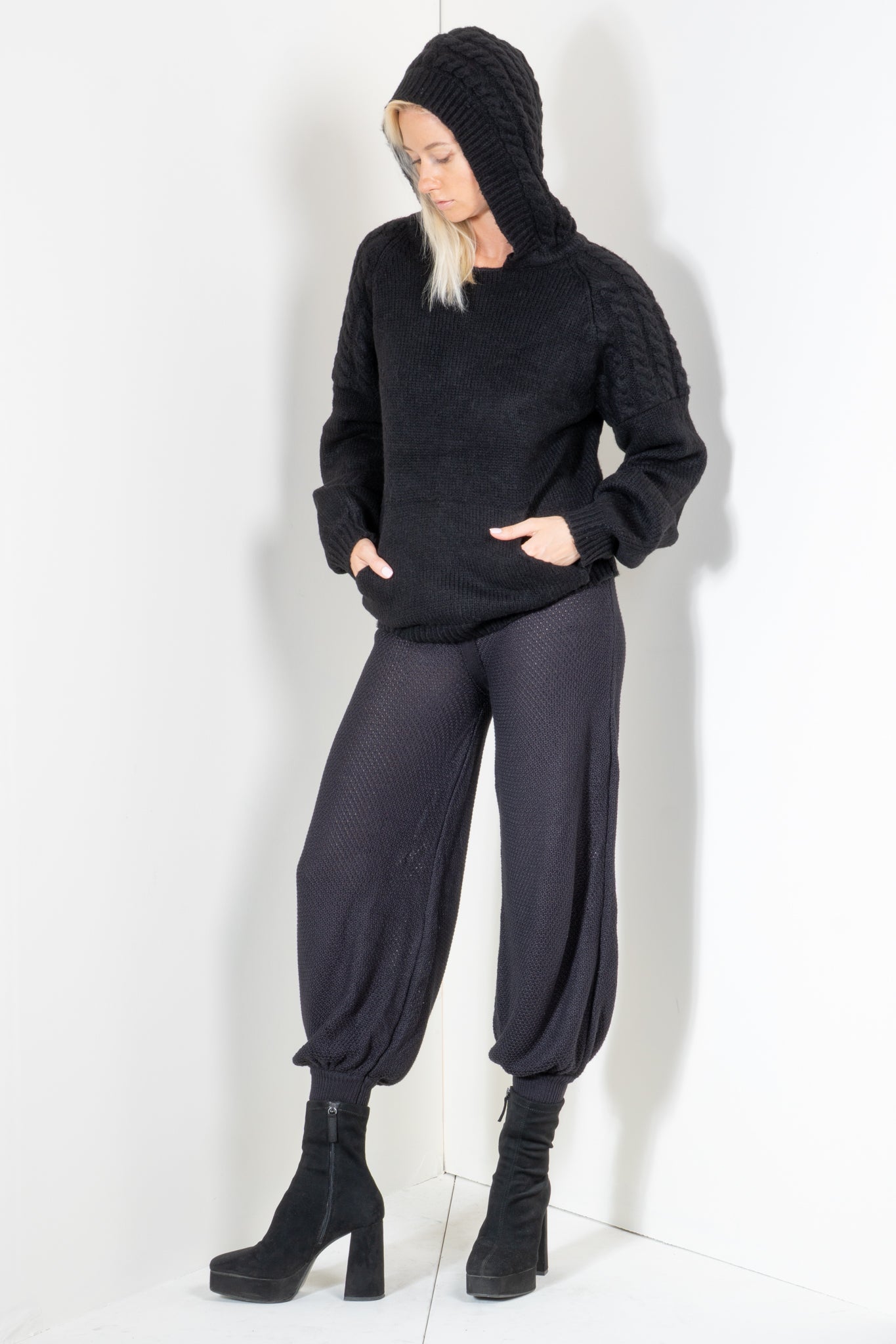 Pull Over Hoodie with Cable Applique Shoulders and Hood
