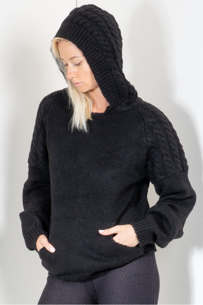 Pull Over Hoodie with Cable Applique Shoulders and Hood
